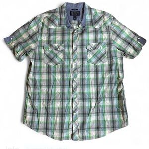 American Rag X-Large Plaid Western Shirt Green Gray Snap Front Pearl Buttons